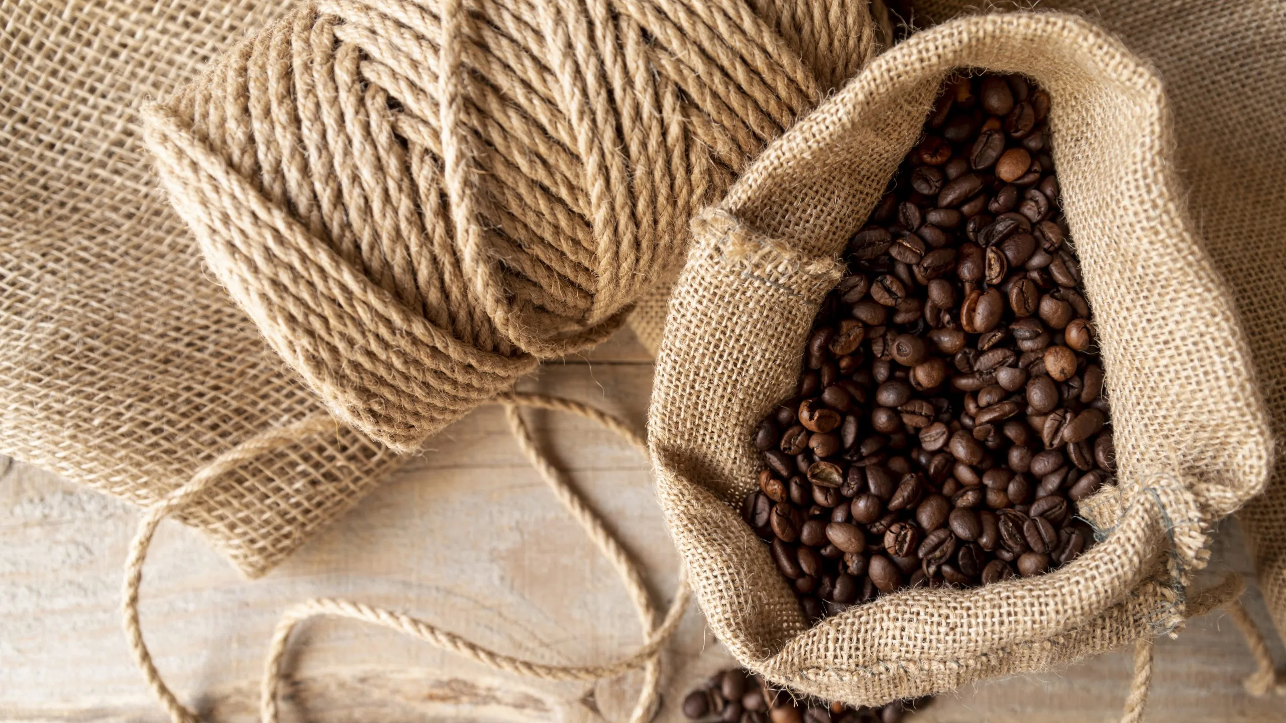 Hessian burlap sack filled with coffee beans
